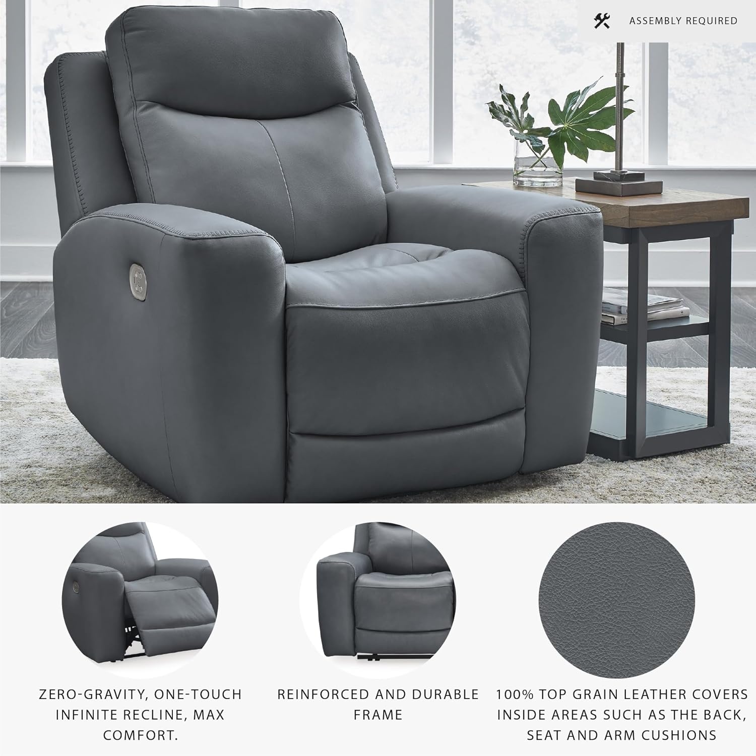 image:imageSignature Design by Ashley Mindanao Contemporary Leather Match Upholstered Power Recliner with Adjustable Headrest Gray
