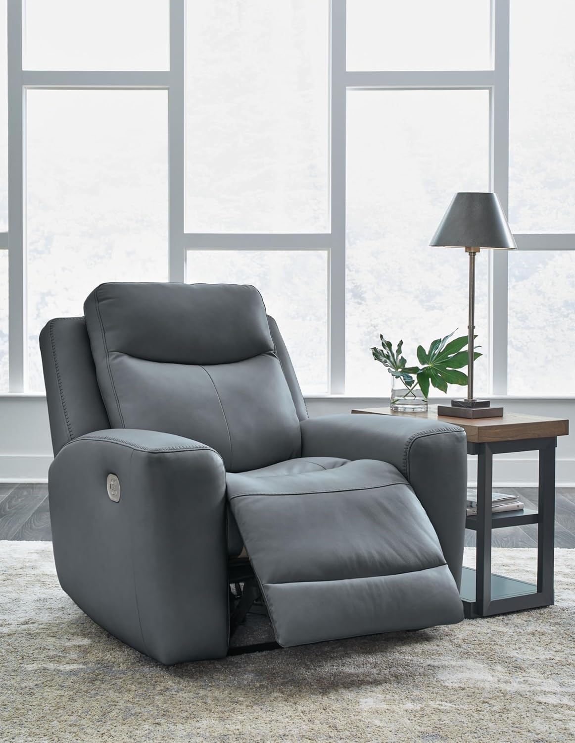 image:imageSignature Design by Ashley Mindanao Contemporary Leather Match Upholstered Power Recliner with Adjustable Headrest Gray