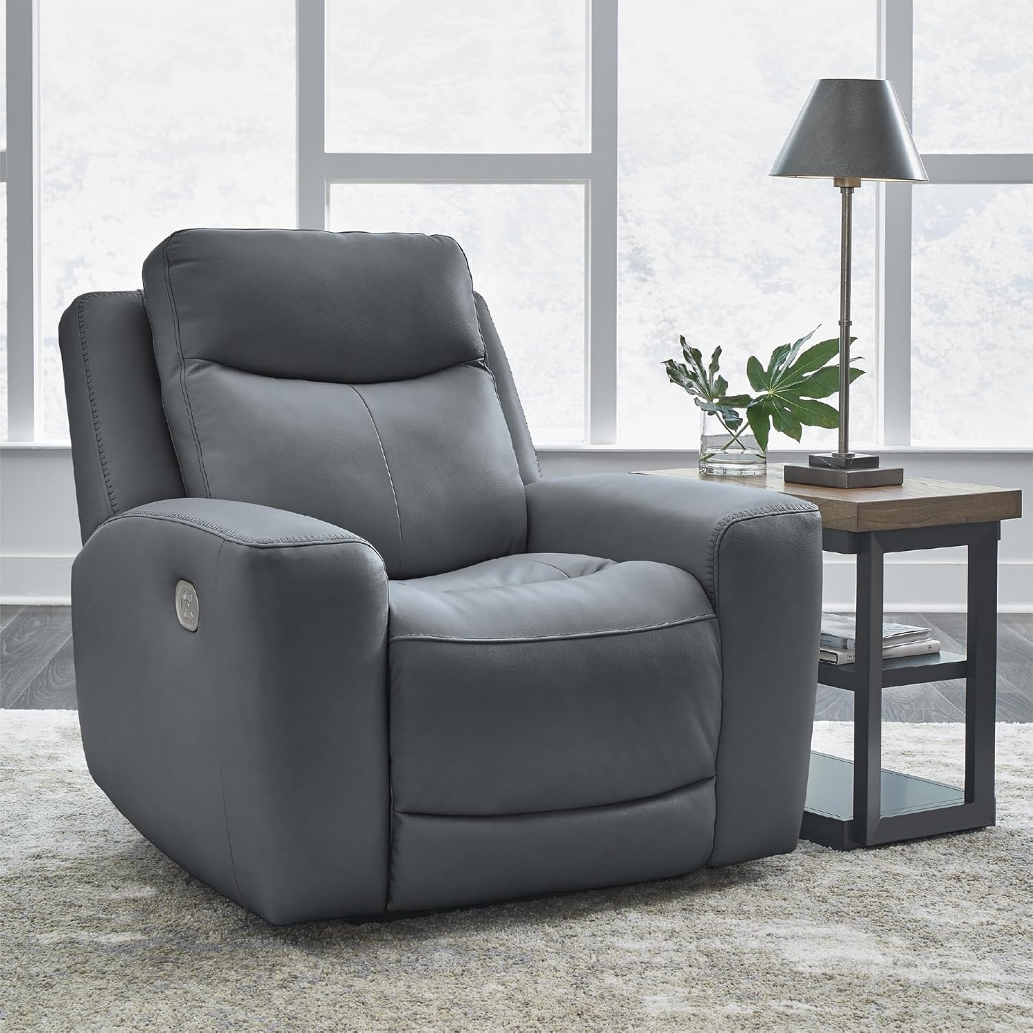 image:imageSignature Design by Ashley Mindanao Contemporary Leather Match Upholstered Power Recliner with Adjustable Headrest Gray
