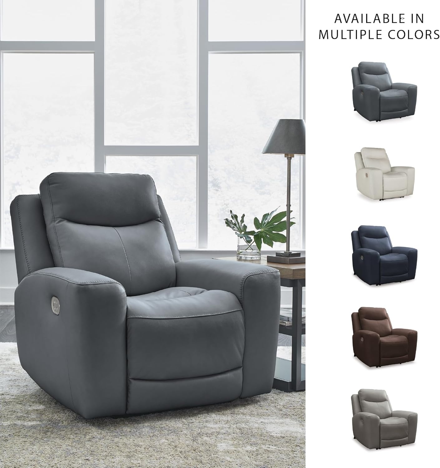 image:imageSignature Design by Ashley Mindanao Contemporary Leather Match Upholstered Power Recliner with Adjustable Headrest Gray