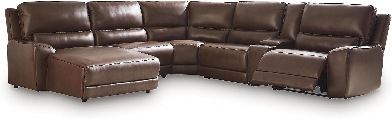 image:imageSignature Design by Ashley Silverbrooke Contemporary Leather Match 6Piece Power Reclining Sectional with Chaise Adjustable Headrest USB Ports and Storage Dark Brown