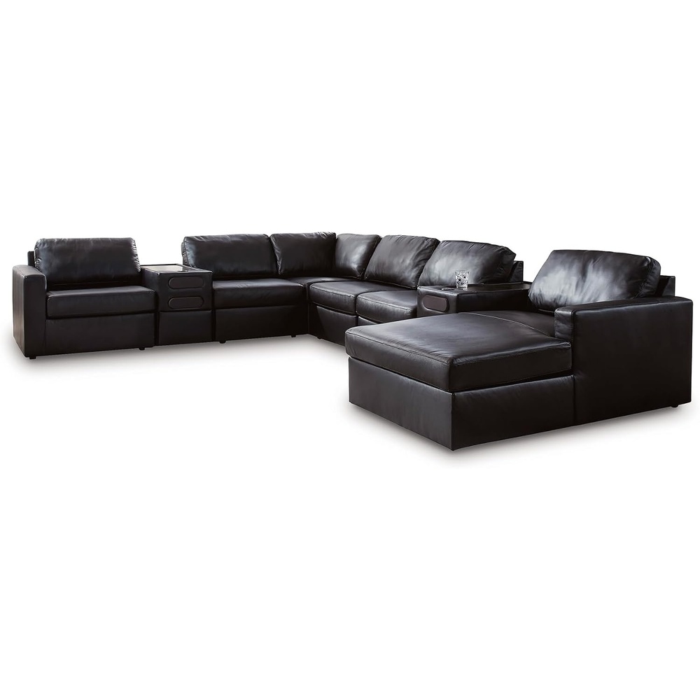 image:imageSignature Design by Ashley Modmax II Sectional Sofa with Chaise and Audio Consoles Modular Design Top Grain Leather Seating Sectionals for Living Room Entertainment and Lounging Black