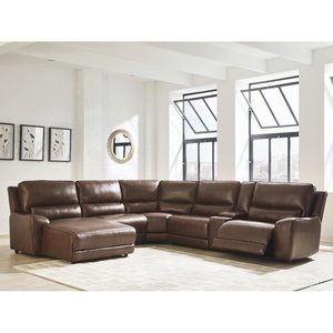 Signature Design by Ashley Silverbrooke Contemporary Leather Match 6-Piece Power Reclining Sectional with Chaise, Adjustable Headrest, USB Ports and Storage, Dark Brown