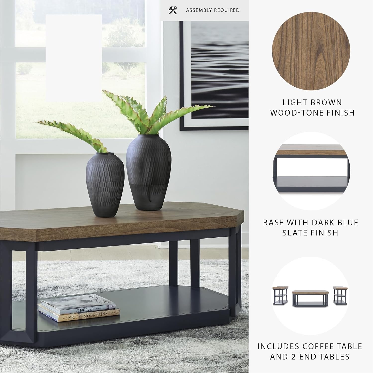 image:imageSignature Design by Ashley Landocken Contemporary Occasional Table Set with Open Shelves and Casters Set of 3 Light Brown amp Blue