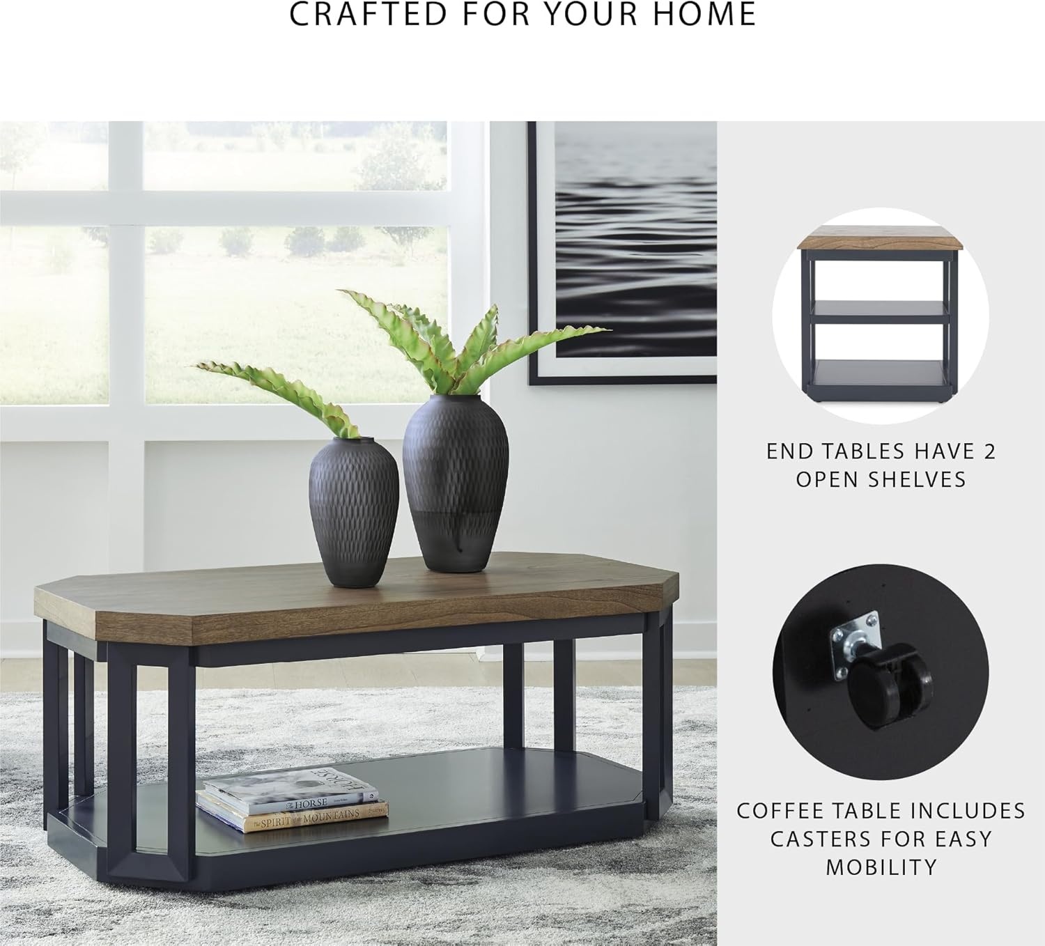 image:imageSignature Design by Ashley Landocken Contemporary Occasional Table Set with Open Shelves and Casters Set of 3 Light Brown amp Blue