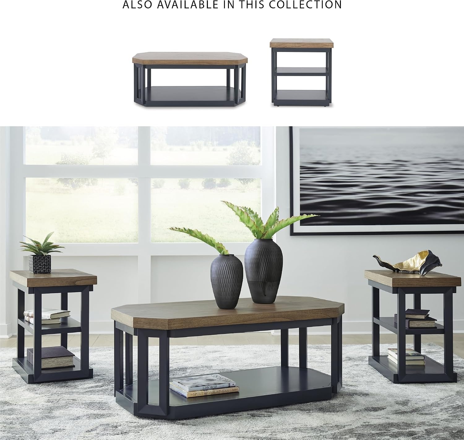 image:imageSignature Design by Ashley Landocken Contemporary Occasional Table Set with Open Shelves and Casters Set of 3 Light Brown amp Blue
