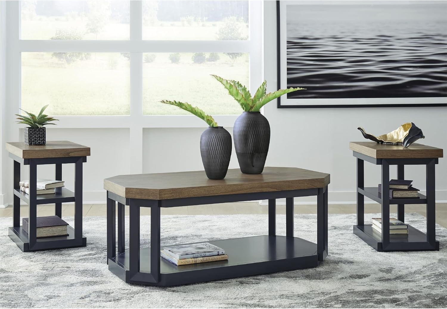 image:imageSignature Design by Ashley Landocken Contemporary Occasional Table Set with Open Shelves and Casters Set of 3 Light Brown amp Blue