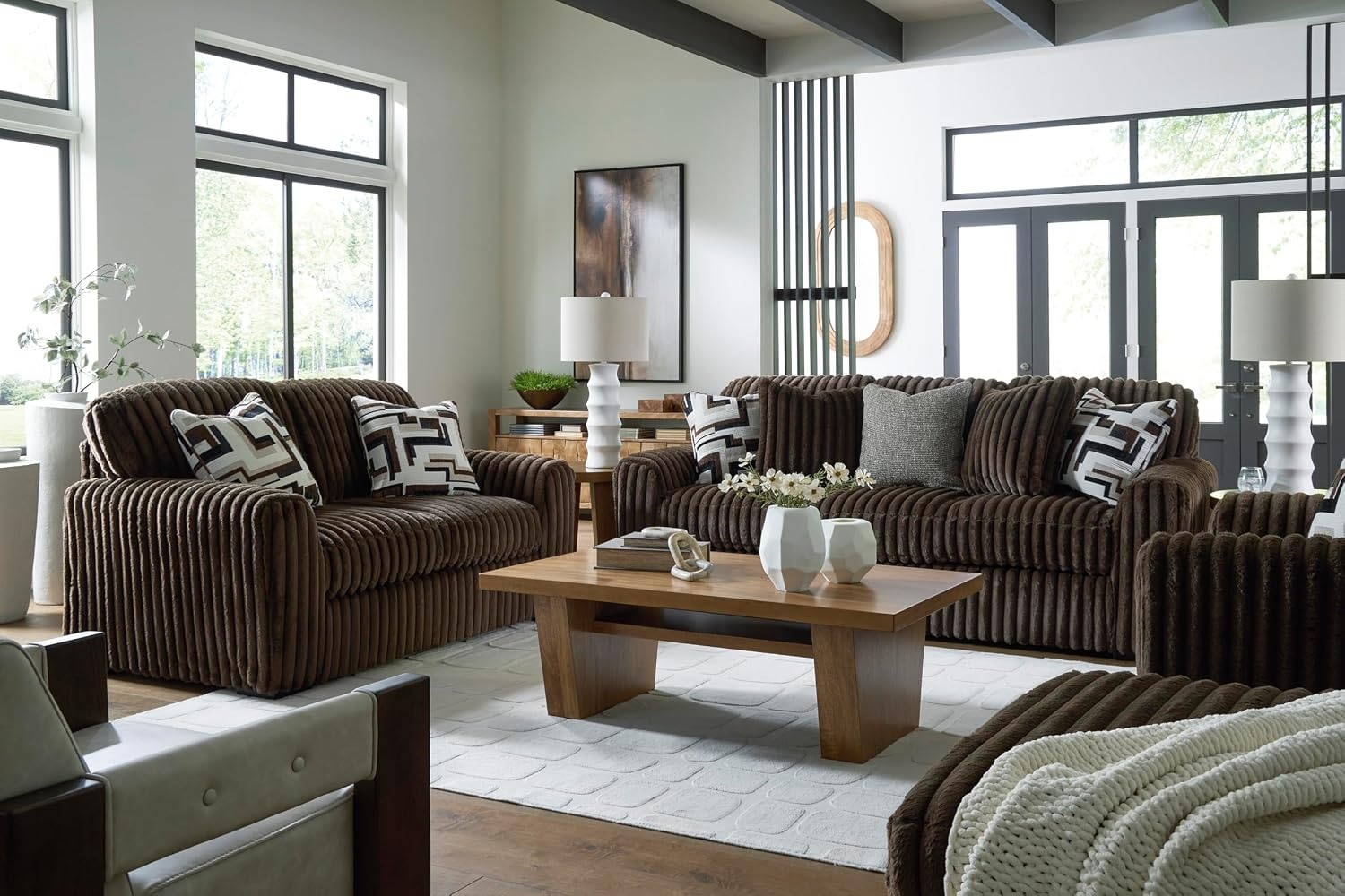 image:imageSignature Design by Ashley MidnightMadness Sectional UShape 3Piece Double Chaise Plush Jumbo Corduroy Upholstery Oversized Lounging for Family Movie Nights 150 W Chocolate BrownBrown