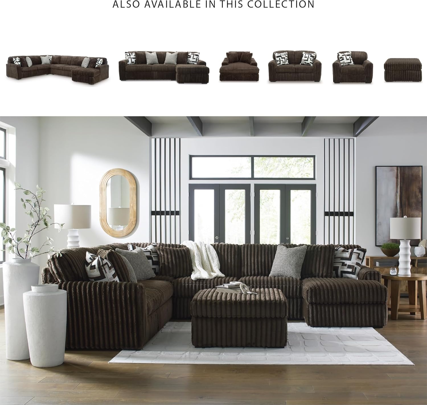image:imageSignature Design by Ashley MidnightMadness Sectional UShape 3Piece Double Chaise Plush Jumbo Corduroy Upholstery Oversized Lounging for Family Movie Nights 150 W Chocolate BrownBrown