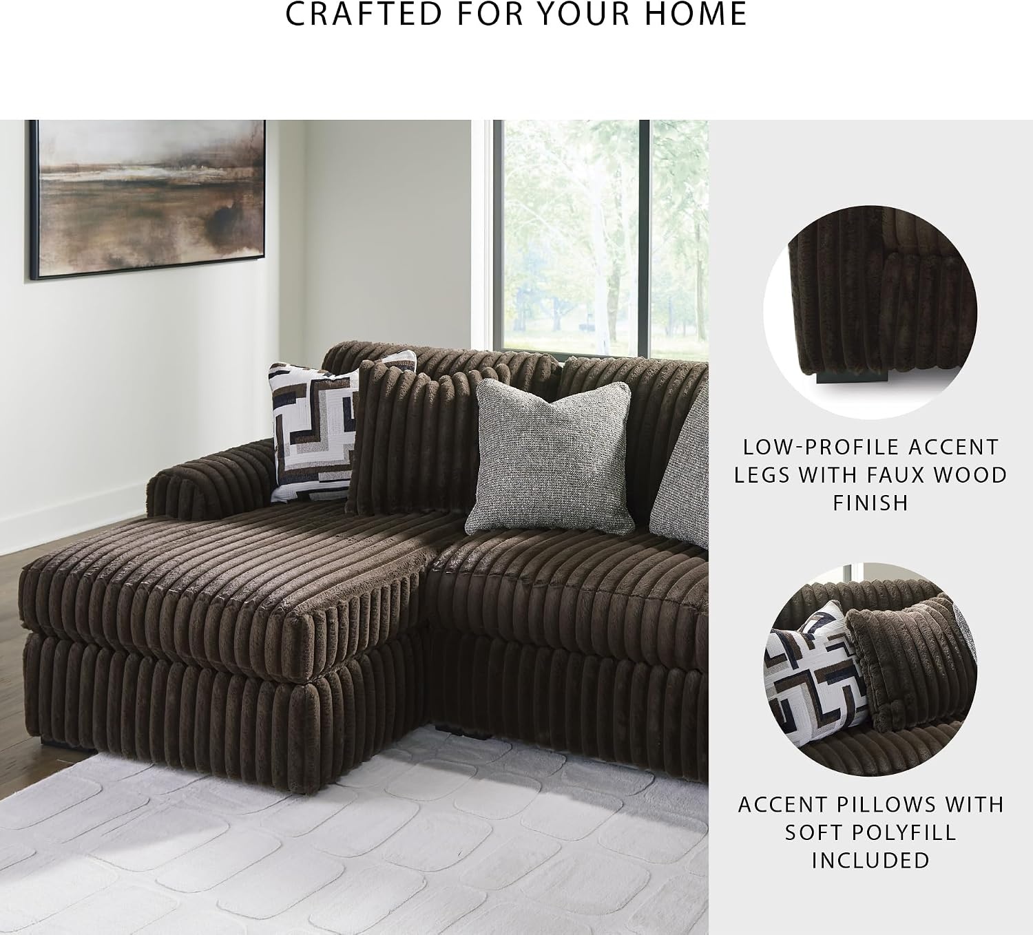 image:imageSignature Design by Ashley MidnightMadness Sectional UShape 3Piece Double Chaise Plush Jumbo Corduroy Upholstery Oversized Lounging for Family Movie Nights 150 W Chocolate BrownBrown