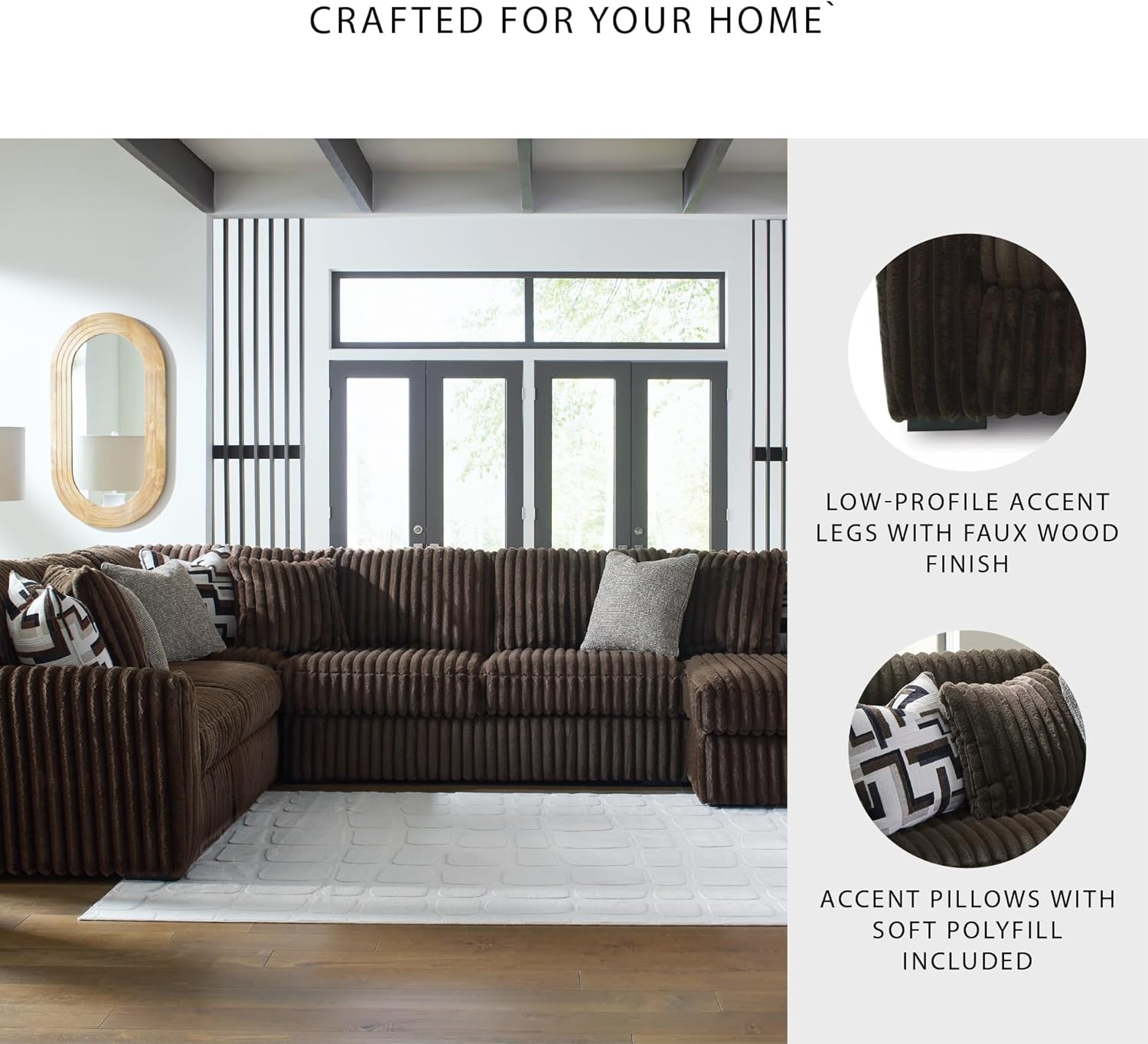 image:imageSignature Design by Ashley MidnightMadness Sectional UShape 3Piece Double Chaise Plush Jumbo Corduroy Upholstery Oversized Lounging for Family Movie Nights 150 W Chocolate BrownBrown