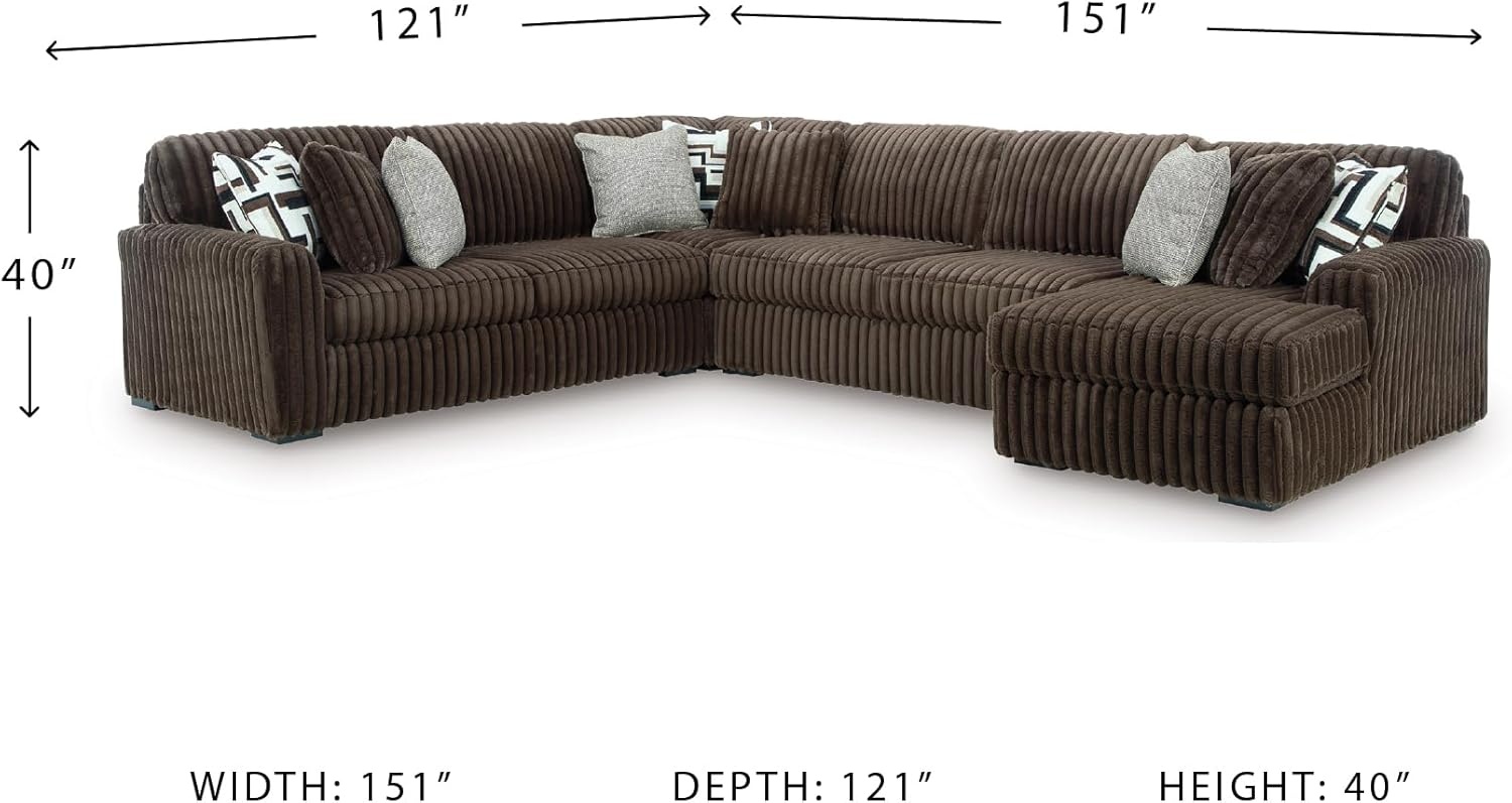 image:imageSignature Design by Ashley MidnightMadness Sectional UShape 3Piece Double Chaise Plush Jumbo Corduroy Upholstery Oversized Lounging for Family Movie Nights 150 W Chocolate BrownBrown