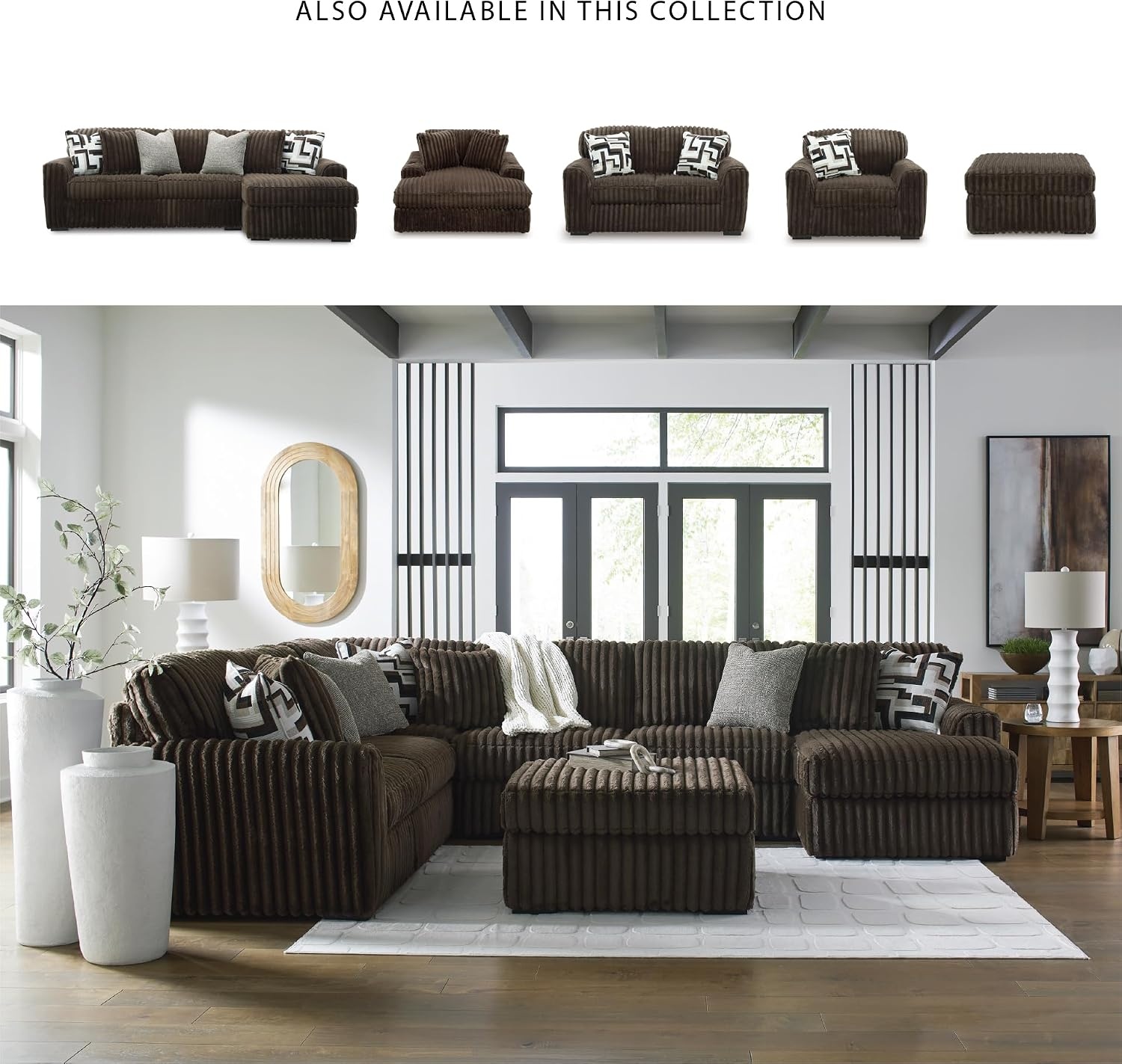 image:imageSignature Design by Ashley MidnightMadness Sectional UShape 3Piece Double Chaise Plush Jumbo Corduroy Upholstery Oversized Lounging for Family Movie Nights 150 W Chocolate BrownBrown