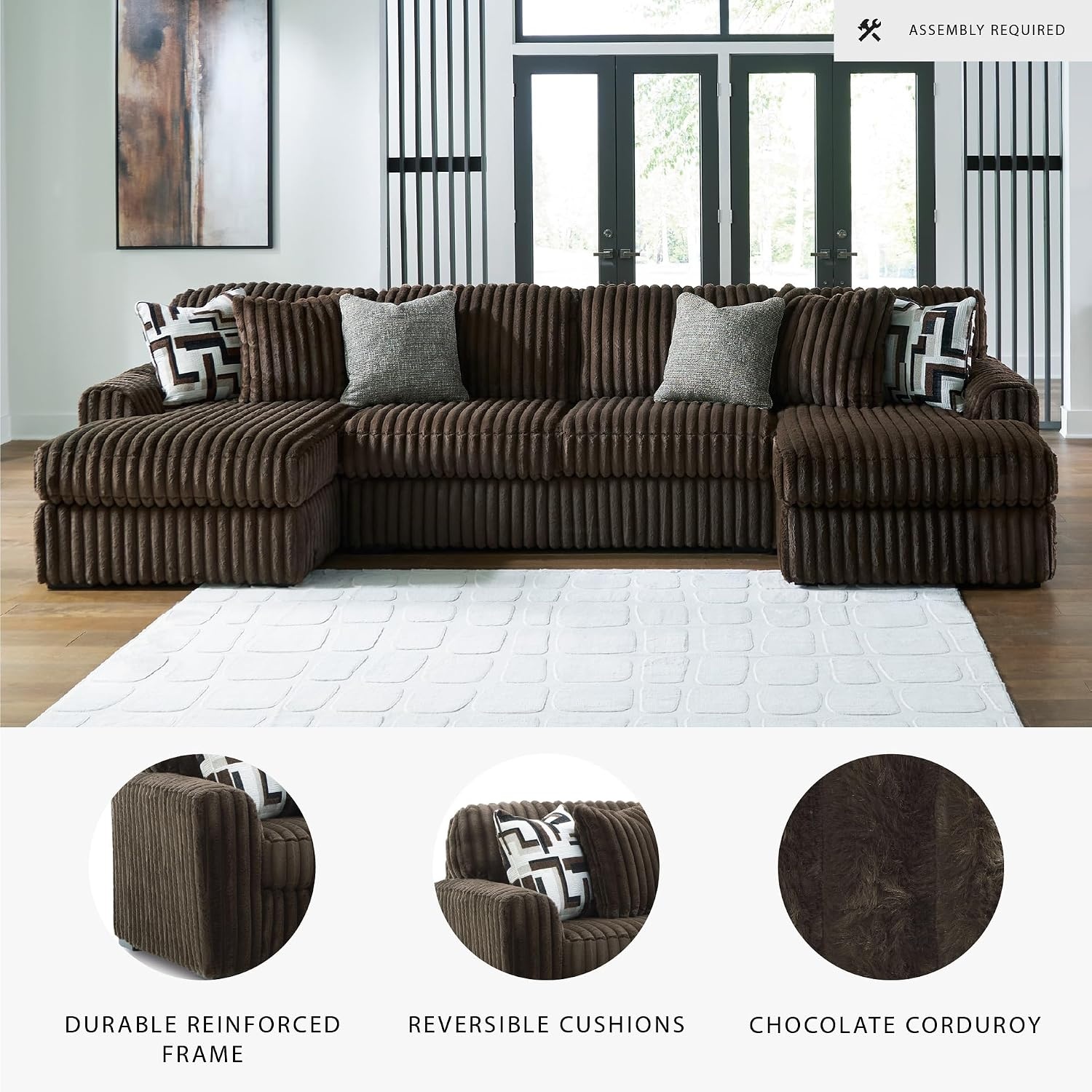 image:imageSignature Design by Ashley MidnightMadness Sectional UShape 3Piece Double Chaise Plush Jumbo Corduroy Upholstery Oversized Lounging for Family Movie Nights 150 W Chocolate BrownBrown