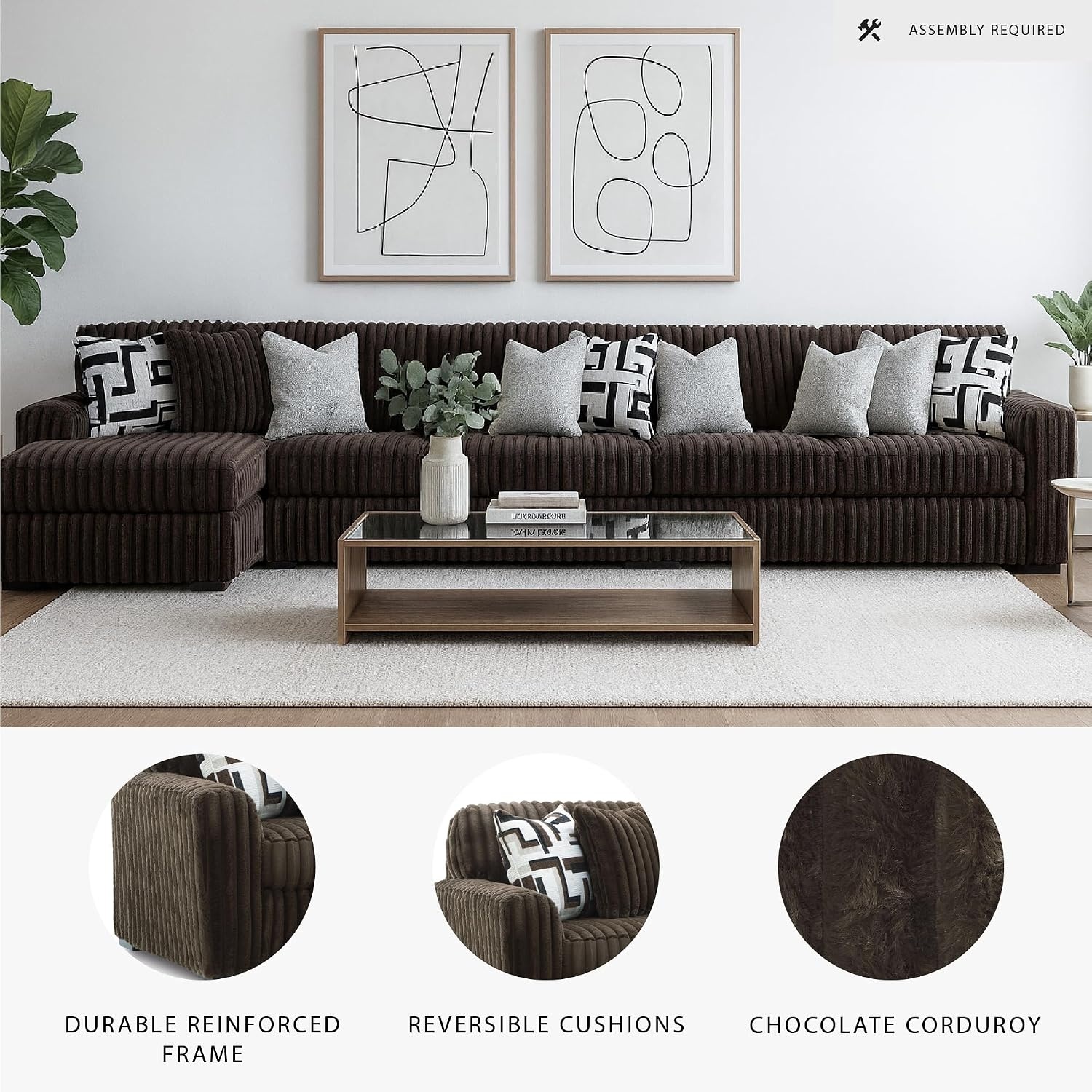 image:imageSignature Design by Ashley MidnightMadness Sectional UShape 3Piece Double Chaise Plush Jumbo Corduroy Upholstery Oversized Lounging for Family Movie Nights 150 W Chocolate BrownBrown