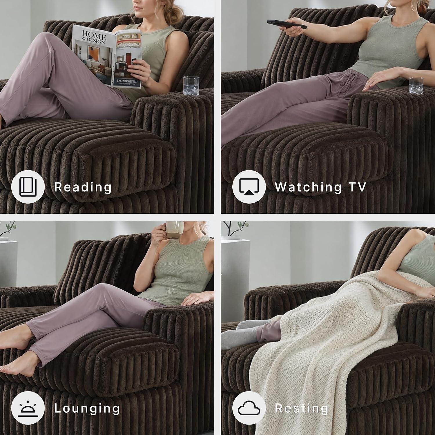 image:imageSignature Design by Ashley MidnightMadness Sectional UShape 3Piece Double Chaise Plush Jumbo Corduroy Upholstery Oversized Lounging for Family Movie Nights 150 W Chocolate BrownBrown