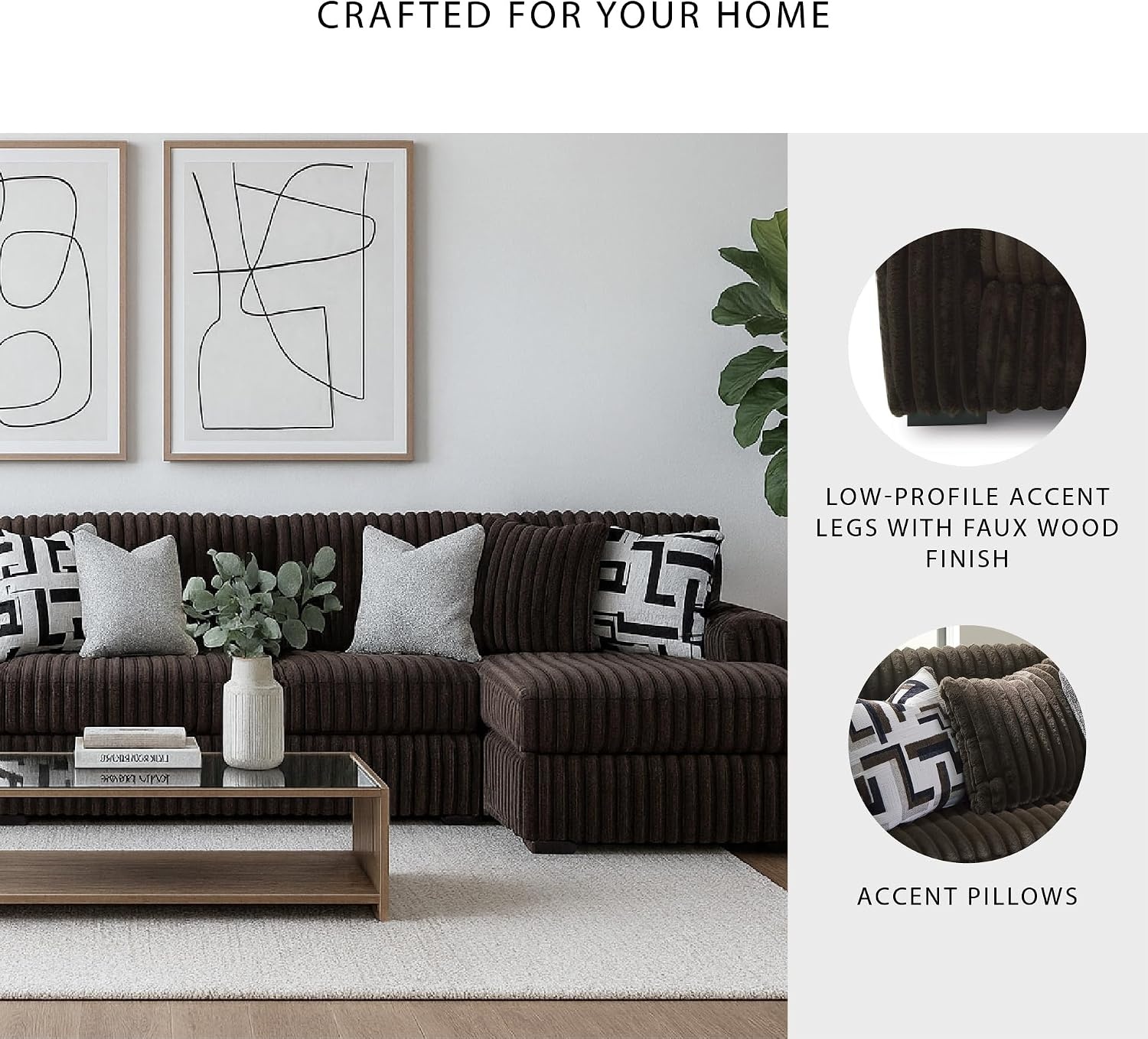 image:imageSignature Design by Ashley MidnightMadness Sectional UShape 3Piece Double Chaise Plush Jumbo Corduroy Upholstery Oversized Lounging for Family Movie Nights 150 W Chocolate BrownBrown