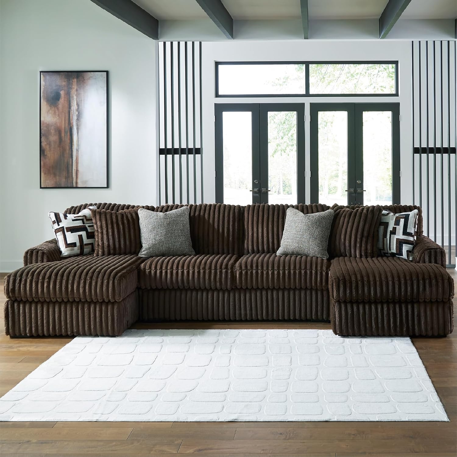 image:imageSignature Design by Ashley MidnightMadness Sectional UShape 3Piece Double Chaise Plush Jumbo Corduroy Upholstery Oversized Lounging for Family Movie Nights 150 W Chocolate BrownBrown