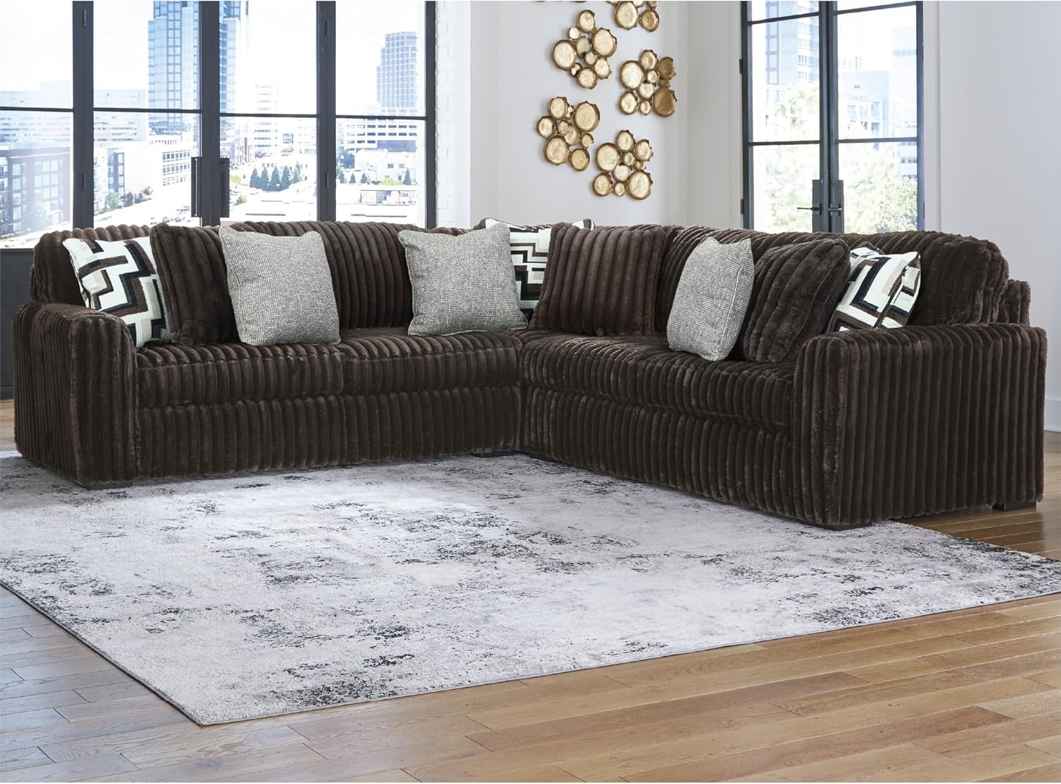 image:imageSignature Design by Ashley MidnightMadness Sectional UShape 3Piece Double Chaise Plush Jumbo Corduroy Upholstery Oversized Lounging for Family Movie Nights 150 W Chocolate BrownBrown