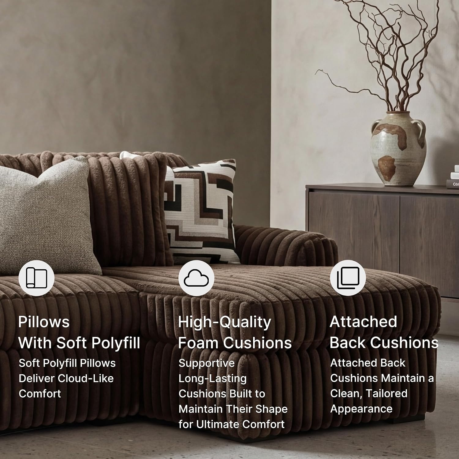 image:imageSignature Design by Ashley MidnightMadness Sectional UShape 3Piece Double Chaise Plush Jumbo Corduroy Upholstery Oversized Lounging for Family Movie Nights 150 W Chocolate BrownBrown