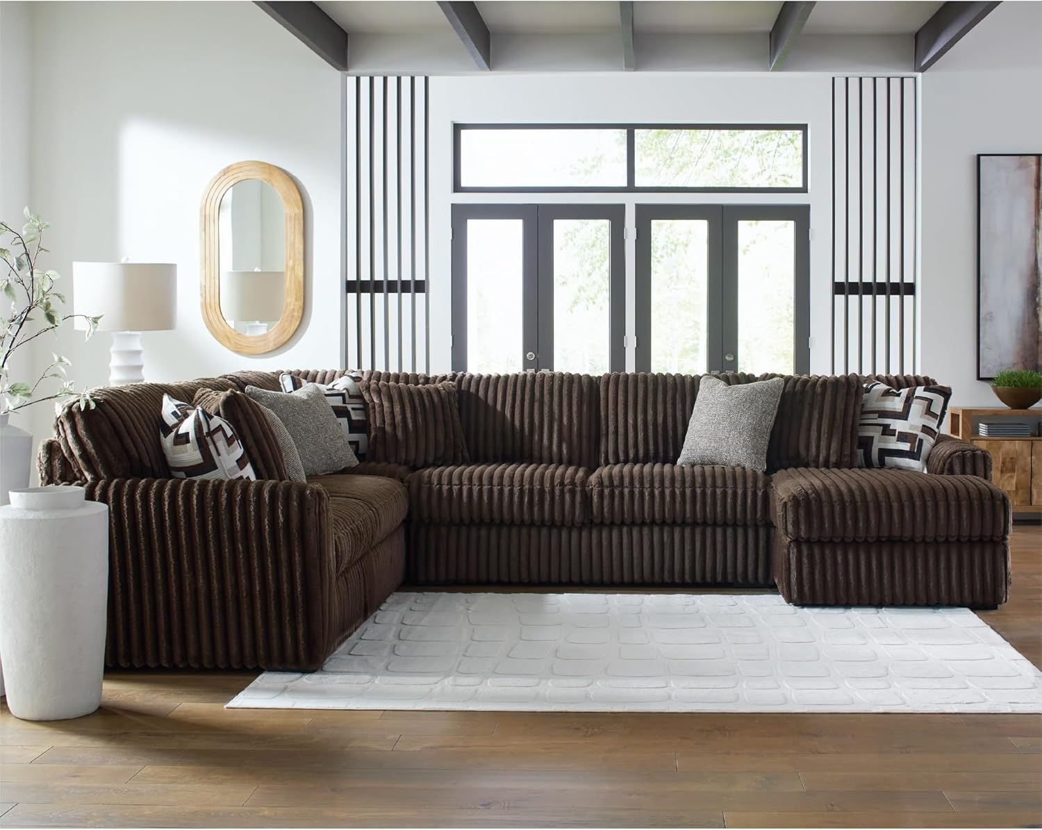 image:imageSignature Design by Ashley MidnightMadness Sectional UShape 3Piece Double Chaise Plush Jumbo Corduroy Upholstery Oversized Lounging for Family Movie Nights 150 W Chocolate BrownBrown