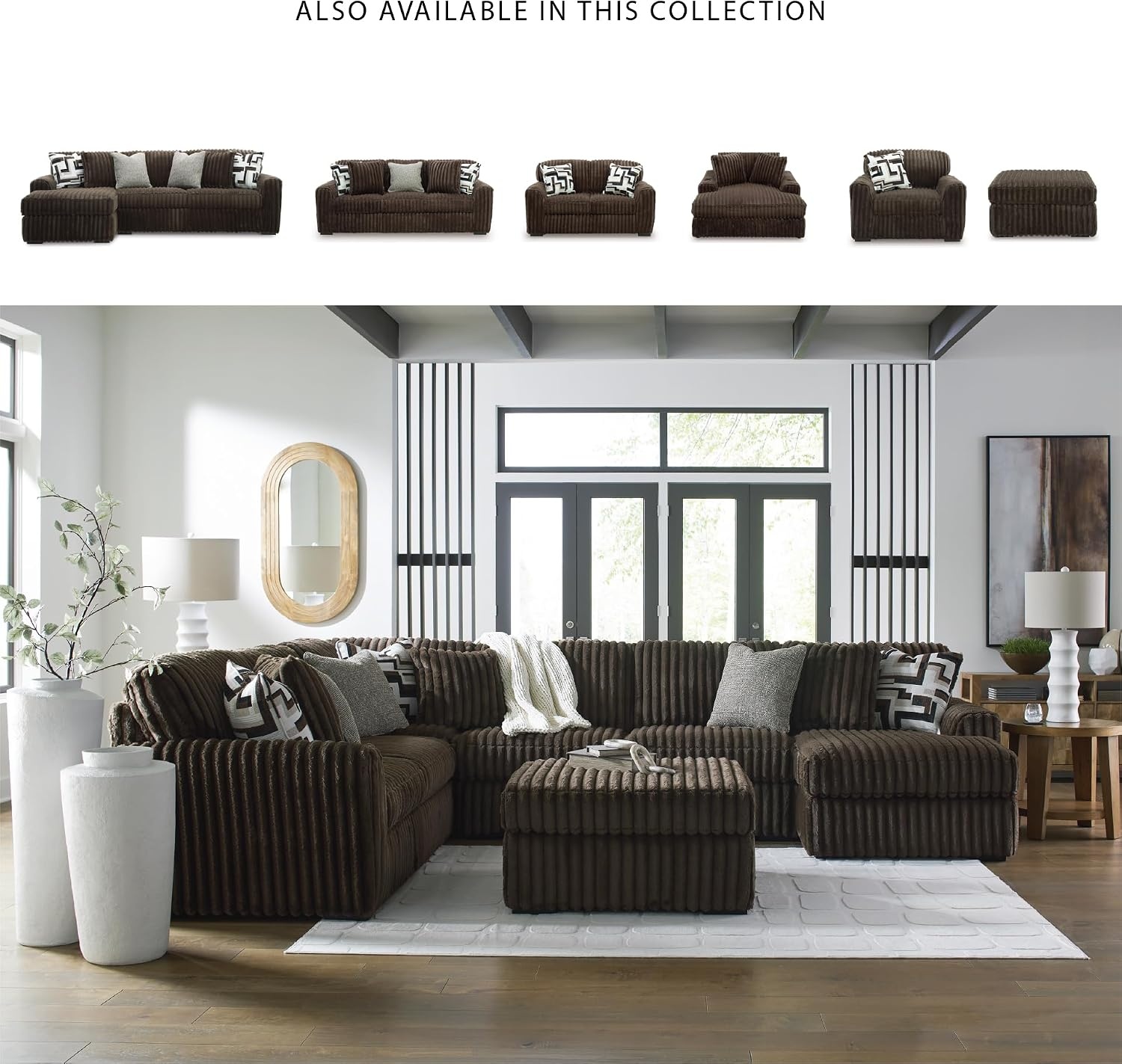 image:imageSignature Design by Ashley MidnightMadness Sectional UShape 3Piece Double Chaise Plush Jumbo Corduroy Upholstery Oversized Lounging for Family Movie Nights 150 W Chocolate BrownBrown