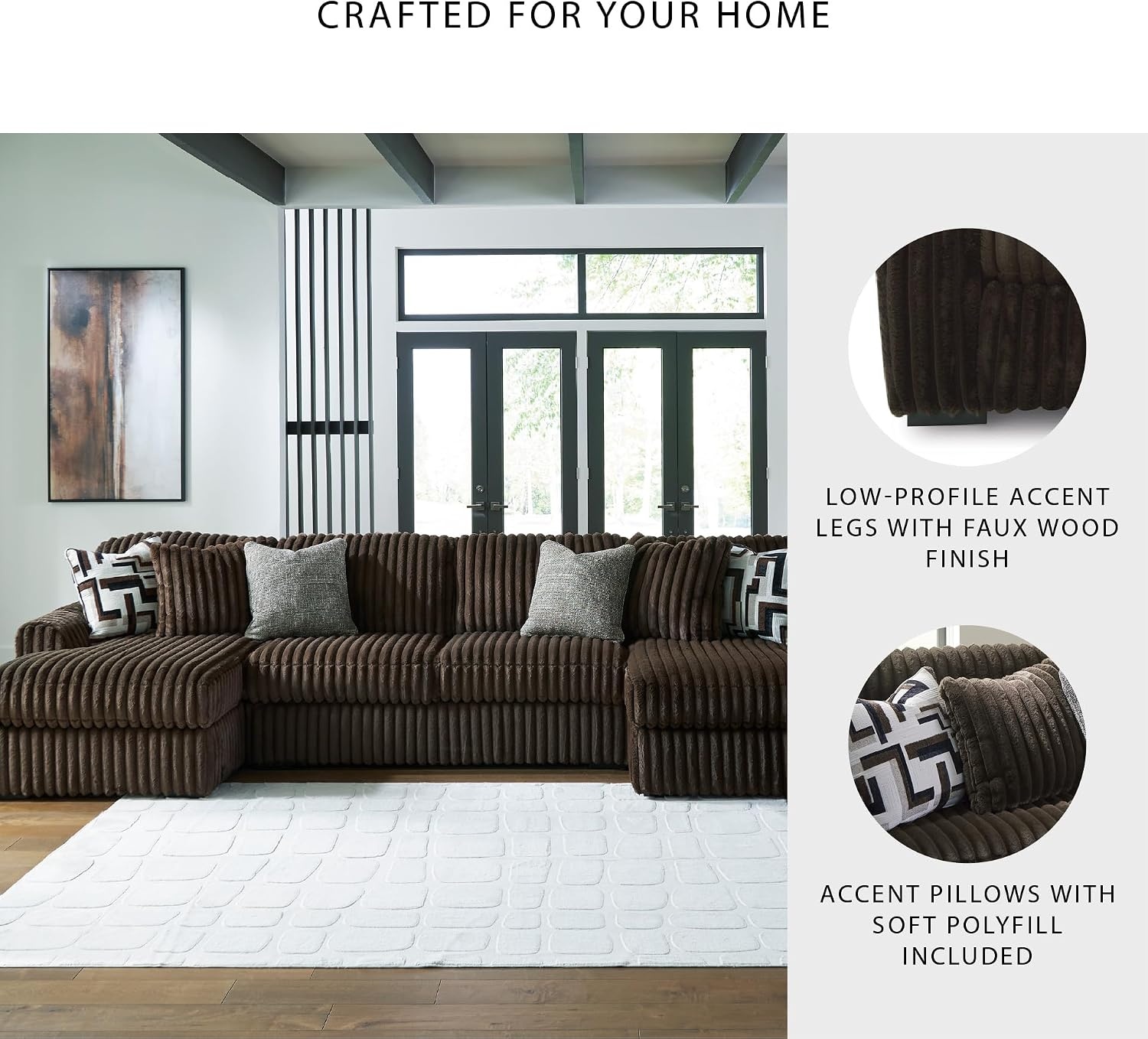 image:imageSignature Design by Ashley MidnightMadness Sectional UShape 3Piece Double Chaise Plush Jumbo Corduroy Upholstery Oversized Lounging for Family Movie Nights 150 W Chocolate BrownBrown