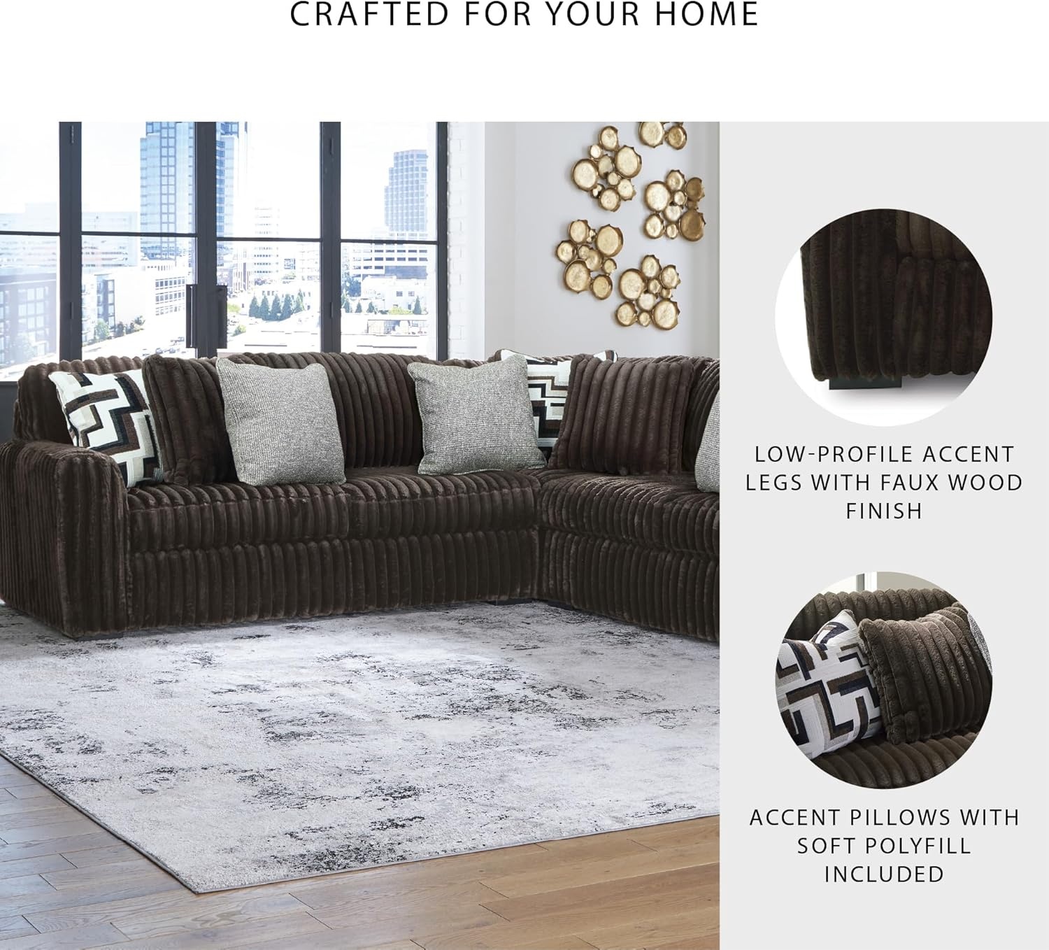 image:imageSignature Design by Ashley MidnightMadness Sectional UShape 3Piece Double Chaise Plush Jumbo Corduroy Upholstery Oversized Lounging for Family Movie Nights 150 W Chocolate BrownBrown