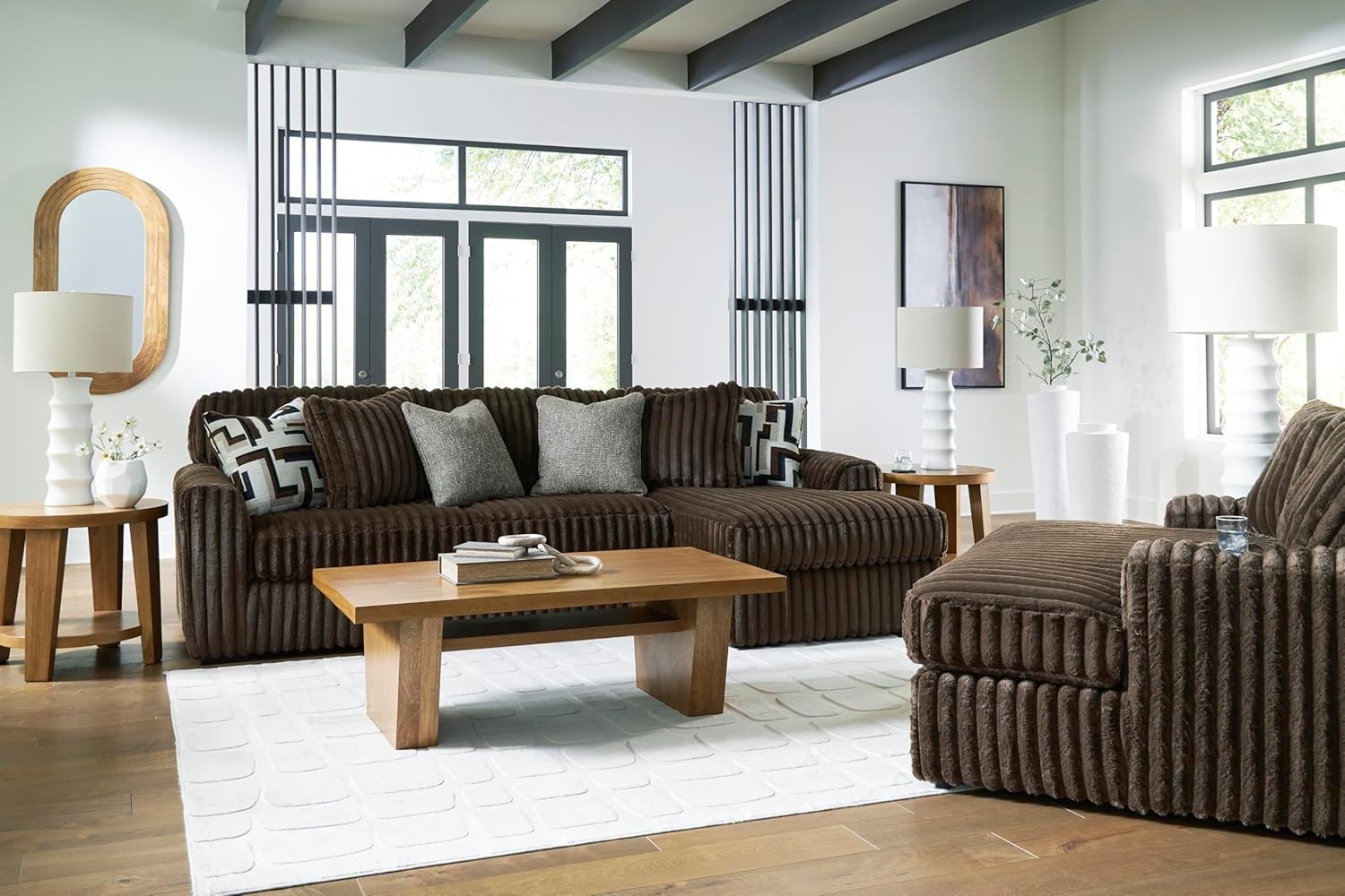 image:imageSignature Design by Ashley MidnightMadness Sectional UShape 3Piece Double Chaise Plush Jumbo Corduroy Upholstery Oversized Lounging for Family Movie Nights 150 W Chocolate BrownBrown