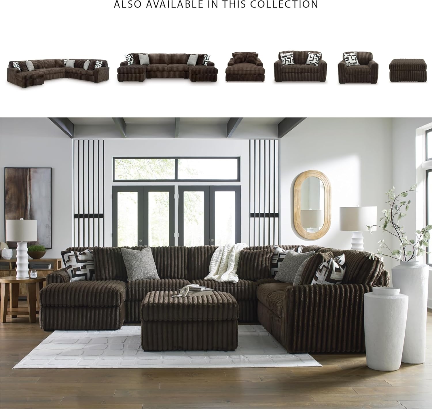 image:imageSignature Design by Ashley MidnightMadness Sectional UShape 3Piece Double Chaise Plush Jumbo Corduroy Upholstery Oversized Lounging for Family Movie Nights 150 W Chocolate BrownBrown