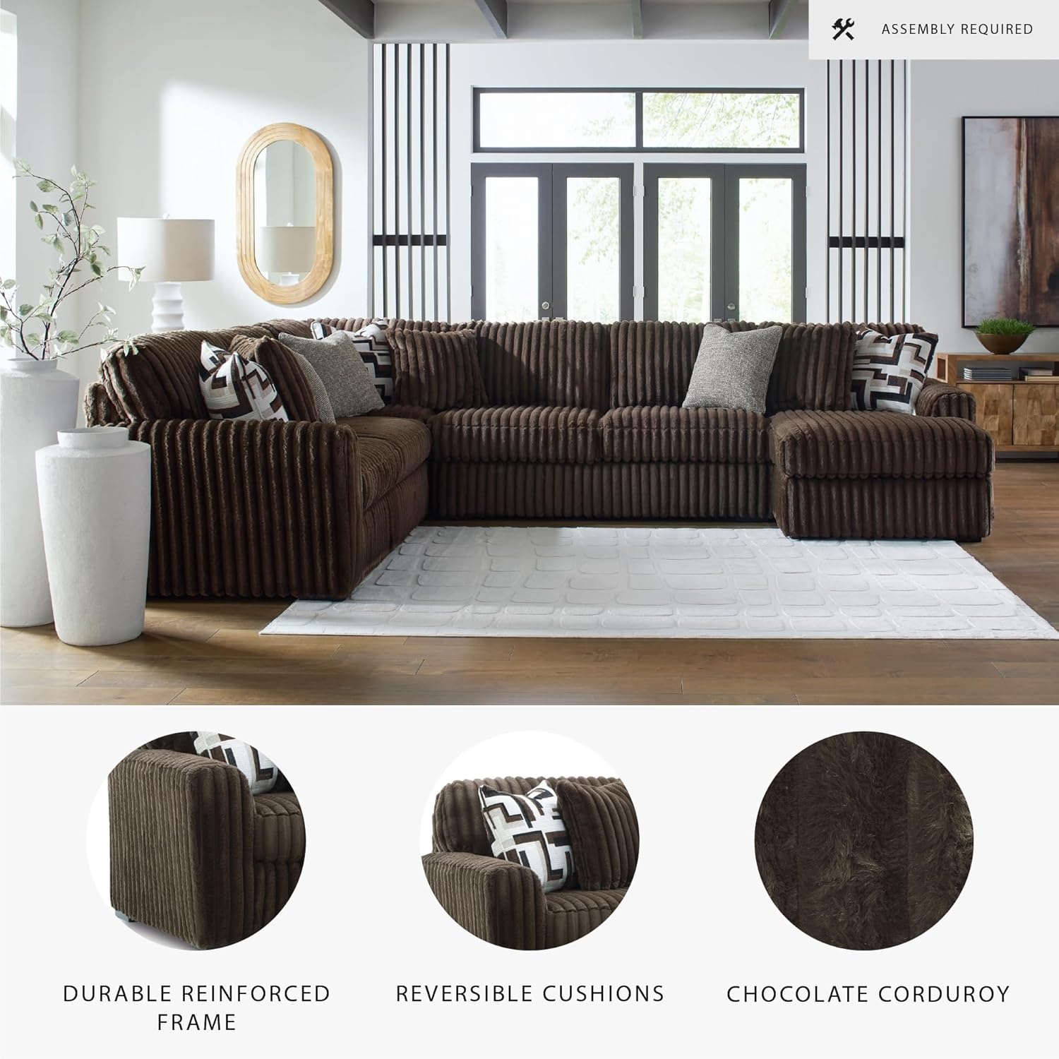 image:imageSignature Design by Ashley MidnightMadness Sectional UShape 3Piece Double Chaise Plush Jumbo Corduroy Upholstery Oversized Lounging for Family Movie Nights 150 W Chocolate BrownBrown