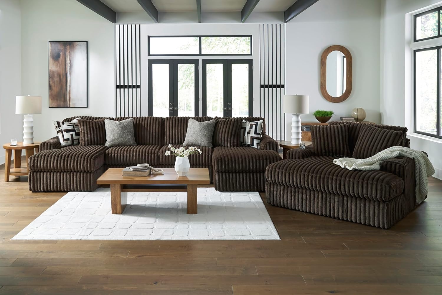 image:imageSignature Design by Ashley MidnightMadness Sectional UShape 3Piece Double Chaise Plush Jumbo Corduroy Upholstery Oversized Lounging for Family Movie Nights 150 W Chocolate BrownBrown