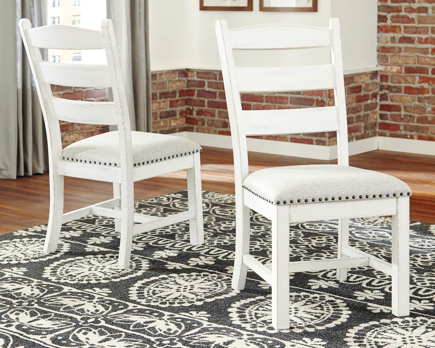 image:imageSignature Design by Ashley Valebeck Farmhouse Rectangular Extension Dining Table Fits up to 8 White amp Brown Valebeck Vintage Farmhouse Cushioned Dining Chair 2 Count WhitewashDining Height