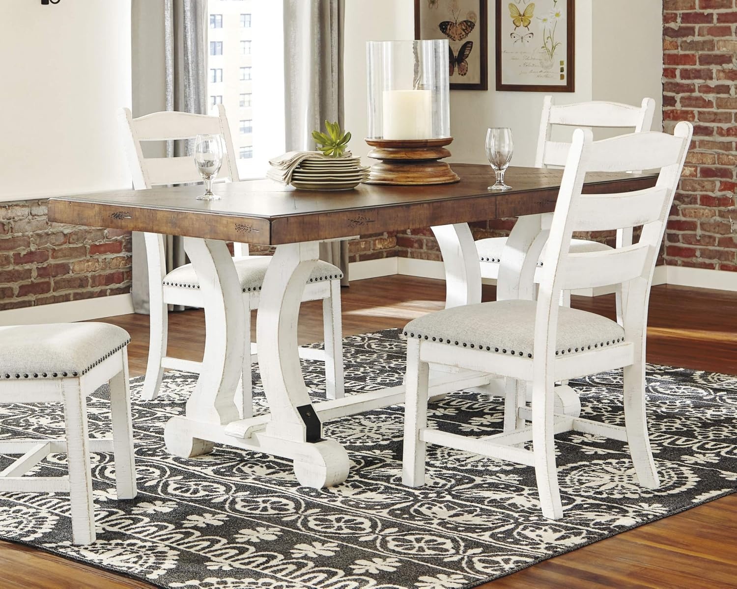 image:imageSignature Design by Ashley Valebeck Farmhouse Rectangular Extension Dining Table Fits up to 8 White amp Brown Valebeck Vintage Farmhouse Cushioned Dining Chair 2 Count WhitewashDining Height
