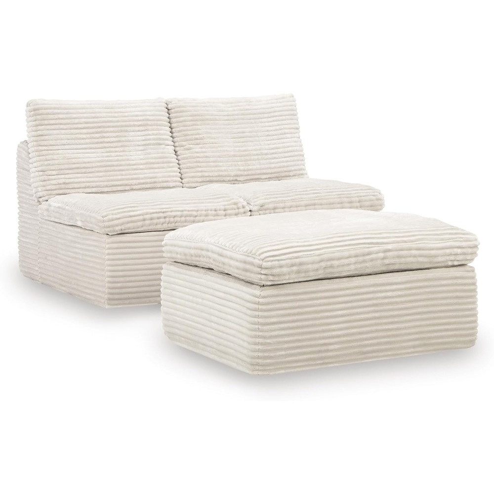image:imageSignature Design by Ashley Vough Contemporary Armless Chair with Ottoman and Removable Cushions Set of 3 Beige