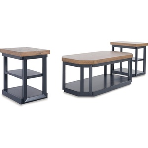 Signature Design by Ashley Landocken Contemporary Occasional Table Set with Open Shelves and Casters, Set of 3, Light Brown & Blue