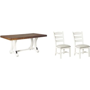 Signature Design by Ashley Valebeck Farmhouse Rectangular Extension Dining Table, Fits up to 8, White & Brown Valebeck Vintage Farmhouse Cushioned Dining Chair, 2 Count, Whitewash(Dining Height)