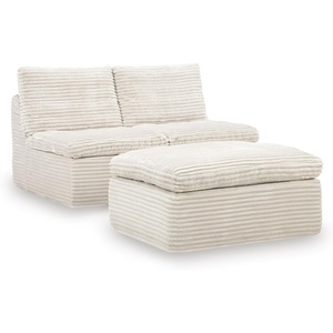 Signature Design by Ashley Vough Contemporary Armless Chair with Ottoman and Removable Cushions, Set of 3, Beige