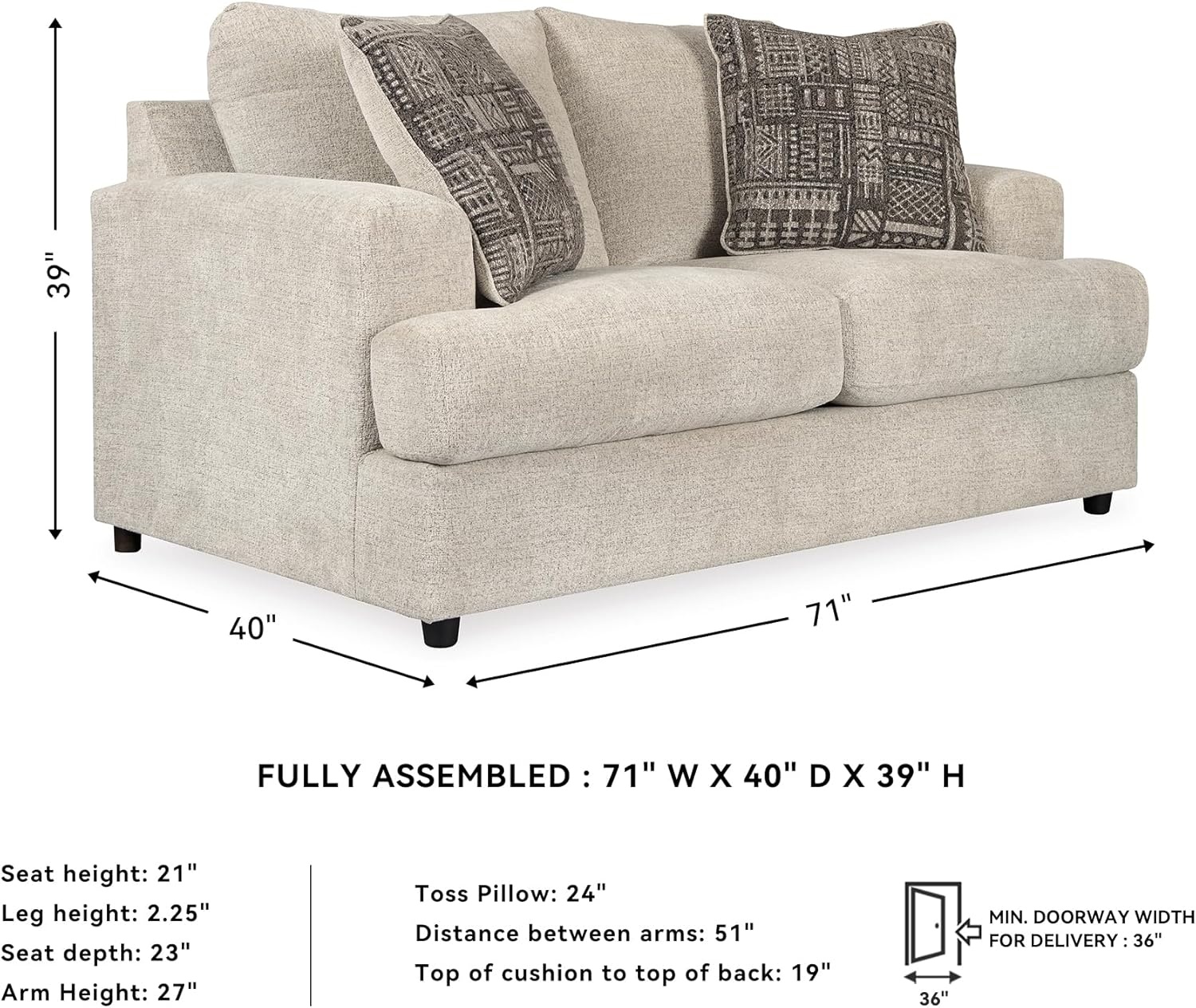 image:imageSignature Design by Ashley Soletren Loveseat Sofa Fully Assembled Deep Seating Couch with AntiSag Foundation and Polyester Chenille Fabric Contemporary Living Room Comfort Stone 71 WCream