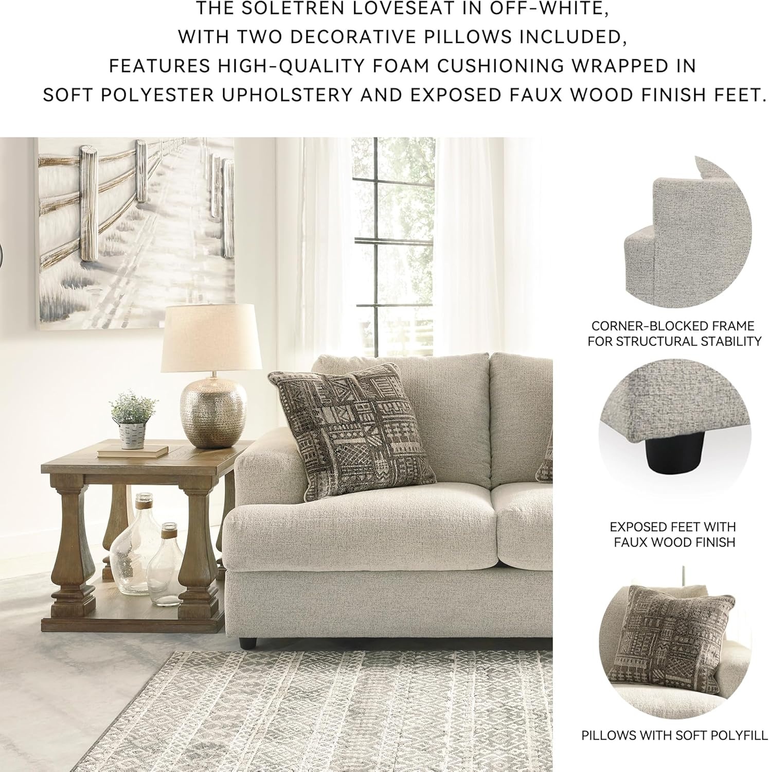 image:imageSignature Design by Ashley Soletren Loveseat Sofa Fully Assembled Deep Seating Couch with AntiSag Foundation and Polyester Chenille Fabric Contemporary Living Room Comfort Stone 71 WCream