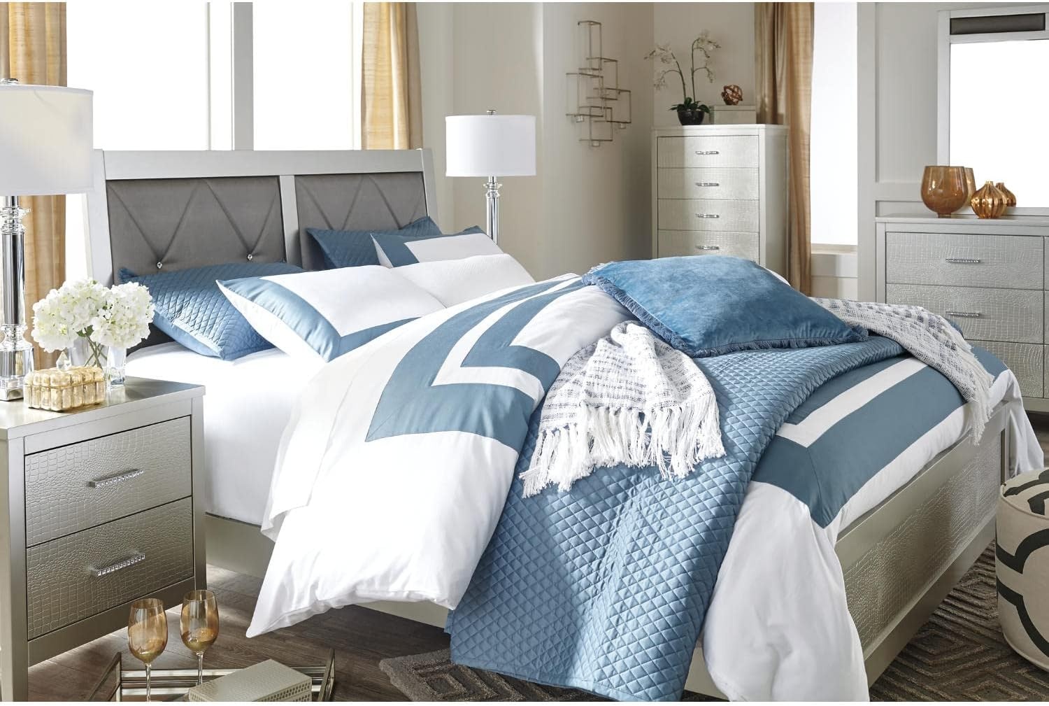 image:imageSignature Design by Ashley Olivet Glam 2 Drawer Nightstand with Faux Shagreen Drawer Fronts Silver