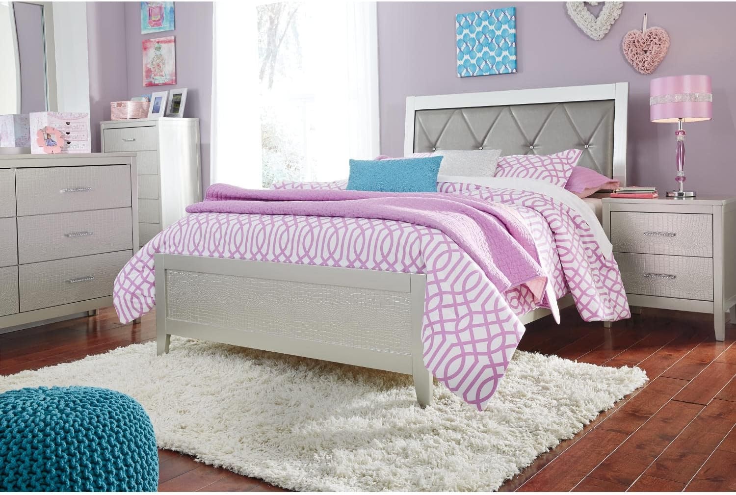 image:imageSignature Design by Ashley Olivet Glam 2 Drawer Nightstand with Faux Shagreen Drawer Fronts Silver