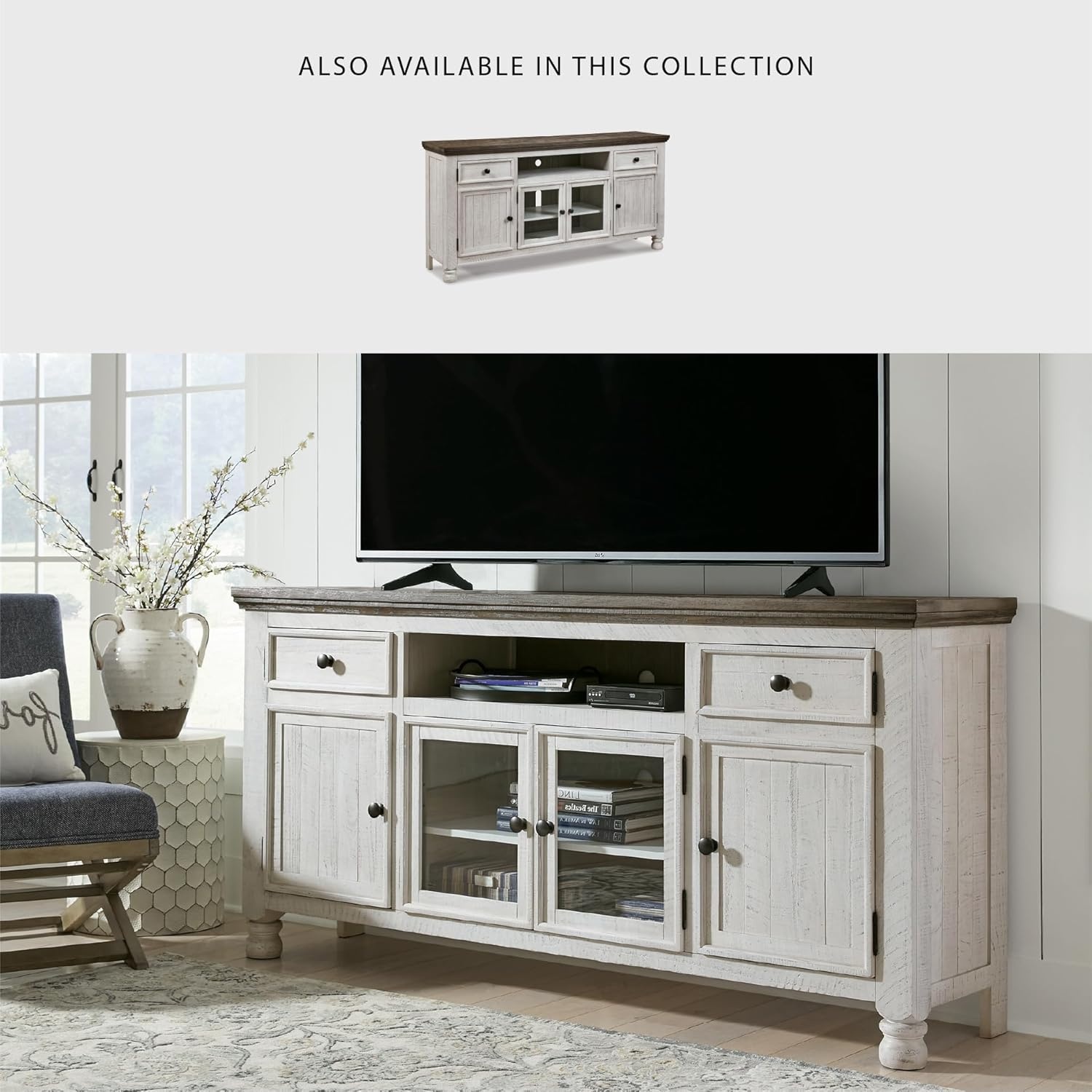 image:imageSignature Design by Ashley Havalance TV Stand Extra Large 74 Inch Entertainment Center Console Wood Veneer and Engineered Wood For Living Rooms Vintage White amp Weathered Gray