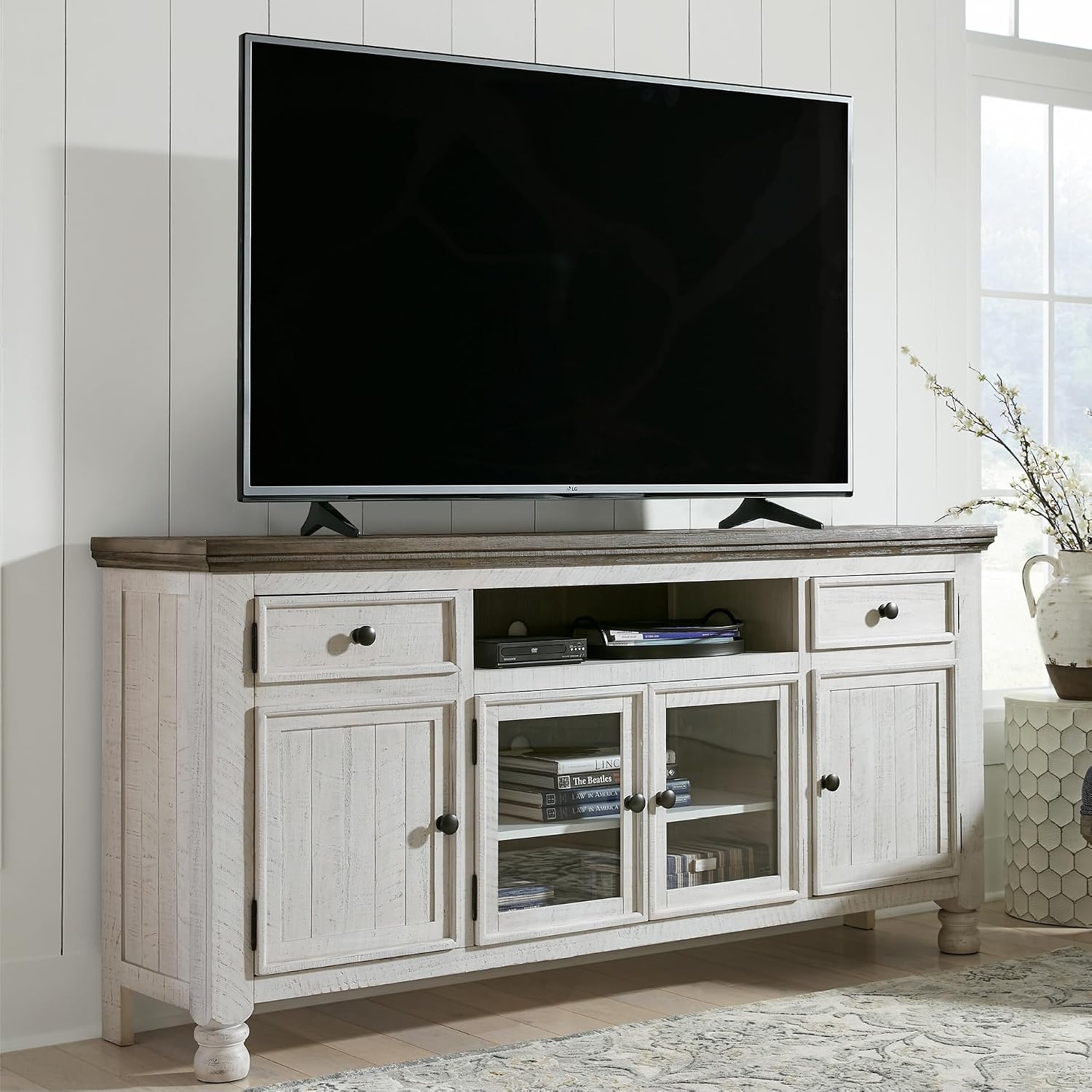 image:imageSignature Design by Ashley Havalance TV Stand Extra Large 74 Inch Entertainment Center Console Wood Veneer and Engineered Wood For Living Rooms Vintage White amp Weathered Gray