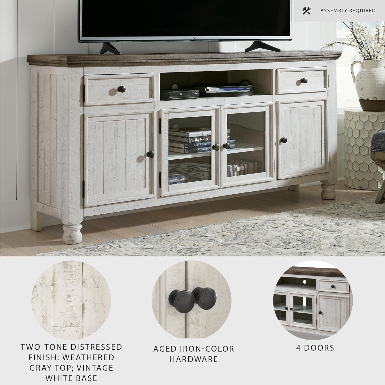 image:imageSignature Design by Ashley Havalance TV Stand Extra Large 74 Inch Entertainment Center Console Wood Veneer and Engineered Wood For Living Rooms Vintage White amp Weathered Gray