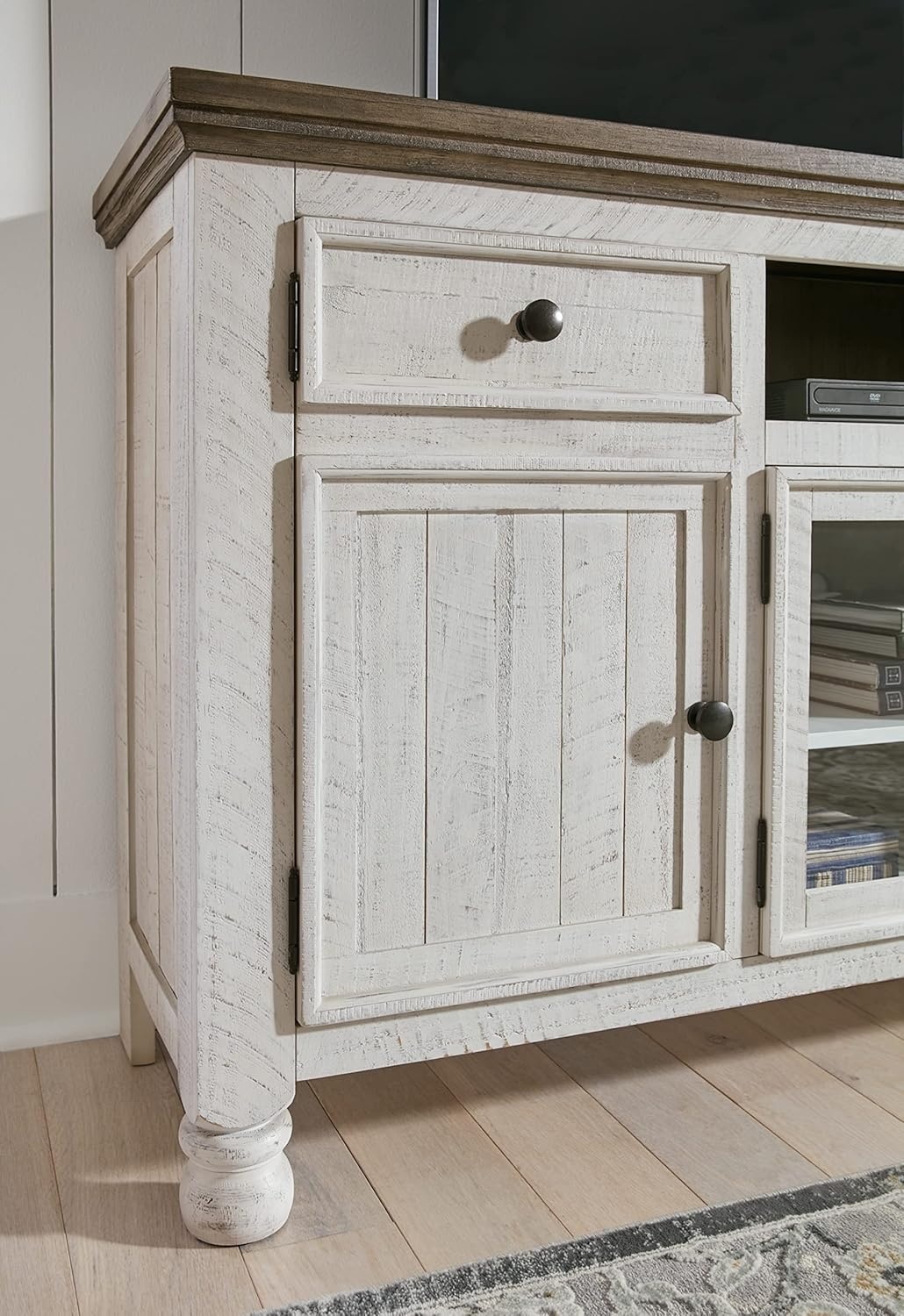 image:imageSignature Design by Ashley Havalance TV Stand Extra Large 74 Inch Entertainment Center Console Wood Veneer and Engineered Wood For Living Rooms Vintage White amp Weathered Gray