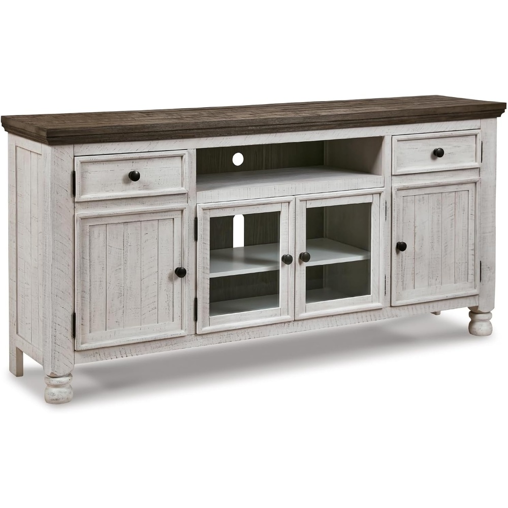 image:imageSignature Design by Ashley Havalance TV Stand Extra Large 74 Inch Entertainment Center Console Wood Veneer and Engineered Wood For Living Rooms Vintage White amp Weathered Gray