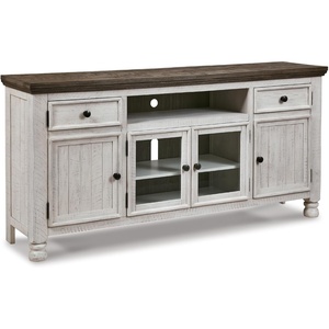 Signature Design by Ashley Havalance TV Stand, Extra Large 74 Inch Entertainment Center Console, Wood, Veneer and Engineered Wood, For Living Rooms, Vintage White & Weathered Gray