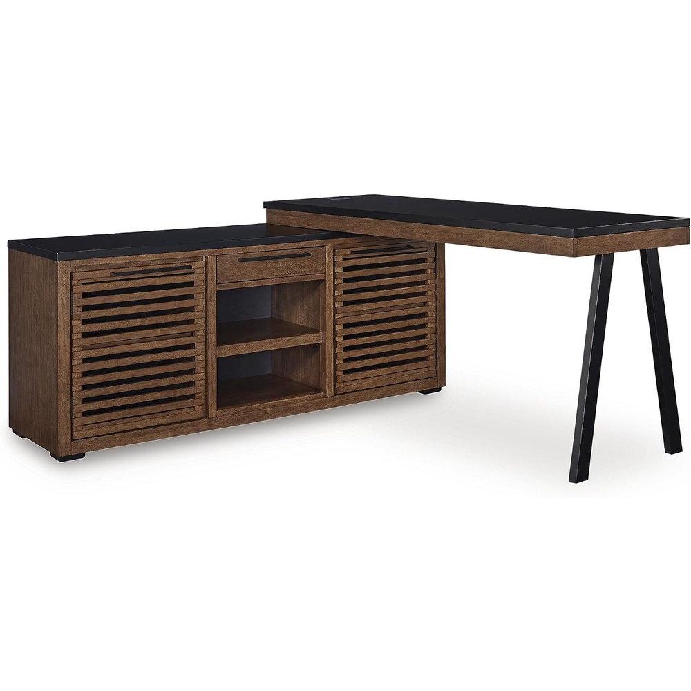 image:imageSignature Design by Ashley Kallari Credenza Desk with Return BrownBlack  Wood and engineered wood Iron base Reversible return placement Home office use 2 slatted cabinets Utility drawer