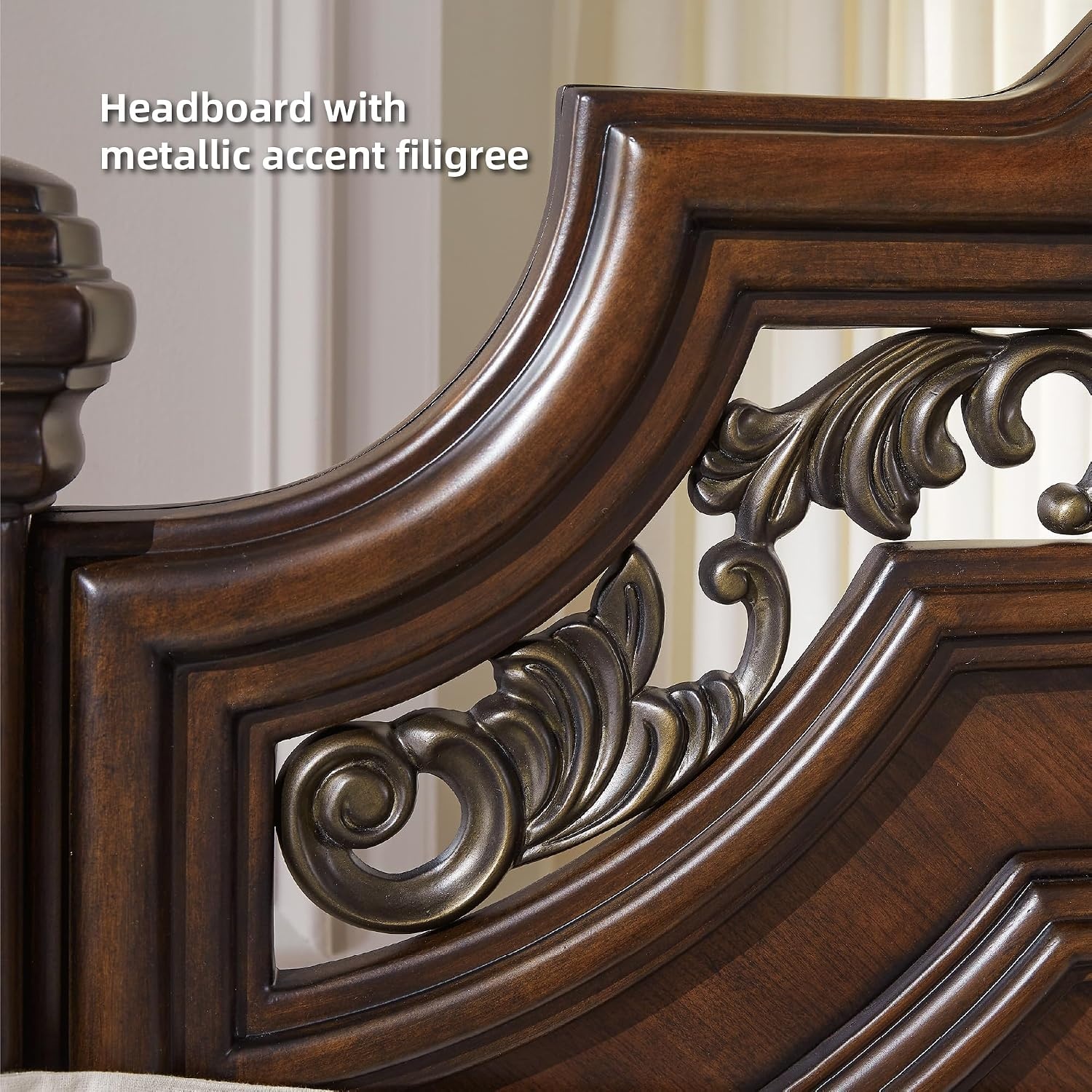 image:imageSignature Design by Ashley Lavinton Queen Four Poster Bed Cherry Brown Hardwood solids and cherry veneer with MDF substrates 66 in tall metallic filigree headboard Victorian styleQueen